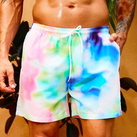 Multicolor Vacation Mens Tie Dye Drawstring Waist Swim Trunks - Picture 4 of 5